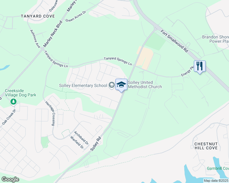 map of restaurants, bars, coffee shops, grocery stores, and more near 7608 Solley Road in Glen Burnie