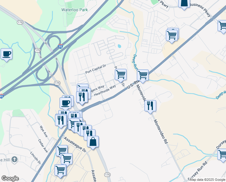 map of restaurants, bars, coffee shops, grocery stores, and more near 7600 Hearthside Way in Elkridge