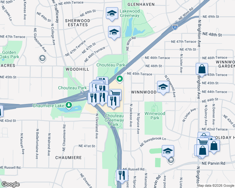 map of restaurants, bars, coffee shops, grocery stores, and more near 4375 North Chouteau Trfy in Kansas City