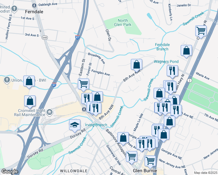 map of restaurants, bars, coffee shops, grocery stores, and more near 1 Idlewood Street in Glen Burnie