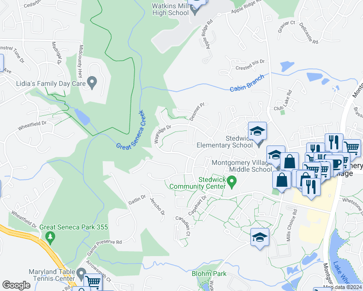 map of restaurants, bars, coffee shops, grocery stores, and more near 23 Wayridge Court in Montgomery Village