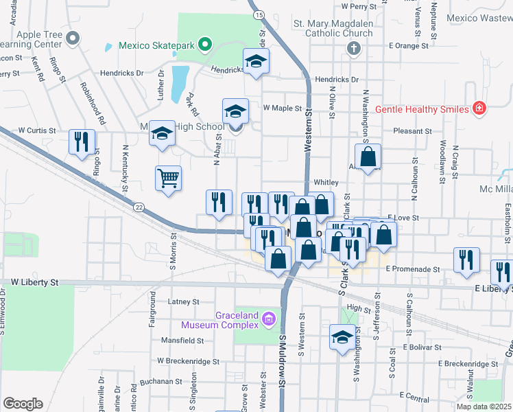 map of restaurants, bars, coffee shops, grocery stores, and more near 319 North Wade Street in Mexico
