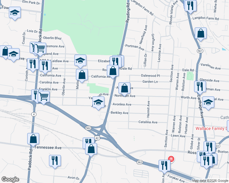 map of restaurants, bars, coffee shops, grocery stores, and more near 1718 Northcutt Avenue in Cincinnati