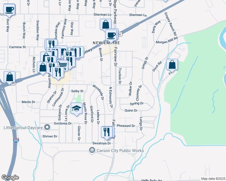 map of restaurants, bars, coffee shops, grocery stores, and more near 1413 North Edmonds Drive in Carson City