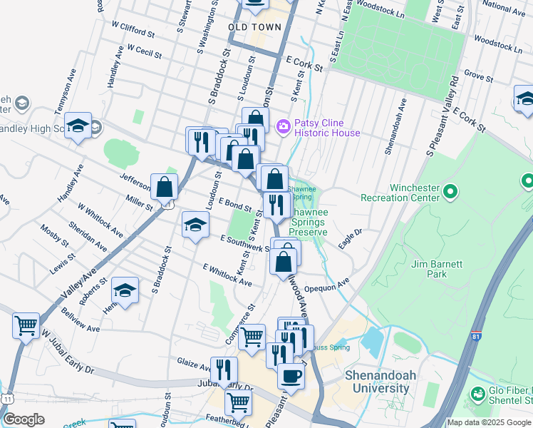 map of restaurants, bars, coffee shops, grocery stores, and more near 234 Millwood Avenue in Winchester
