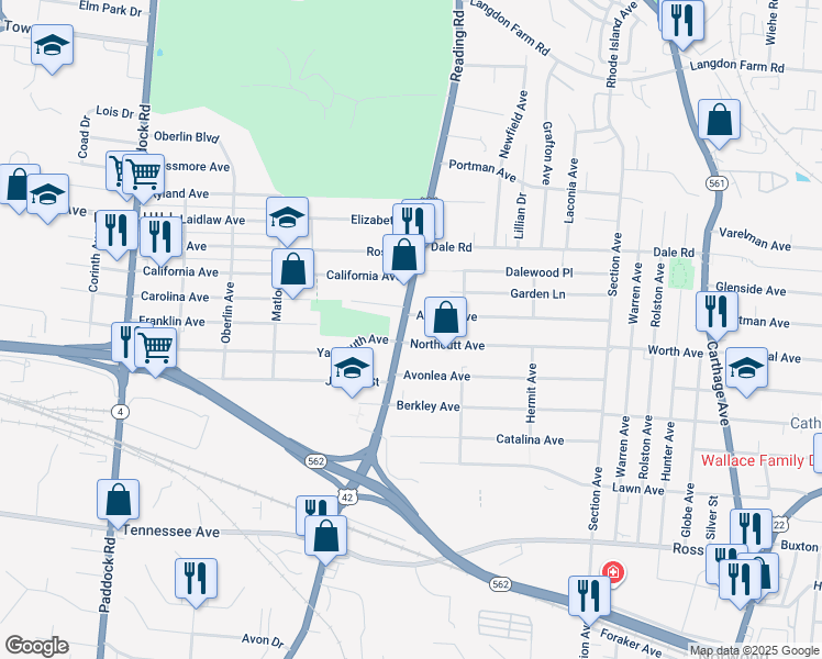 map of restaurants, bars, coffee shops, grocery stores, and more near 1718 Northcutt Avenue in Cincinnati