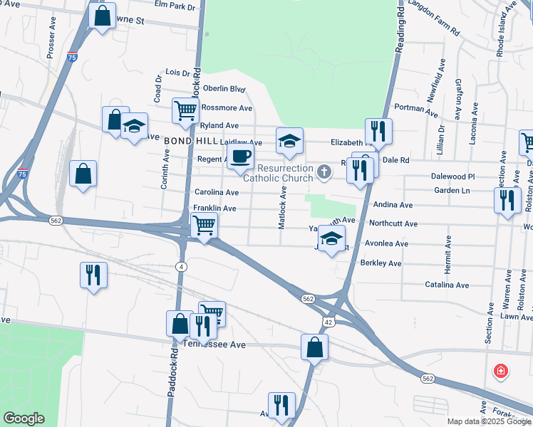 map of restaurants, bars, coffee shops, grocery stores, and more near 1438 Yarmouth Avenue in Cincinnati