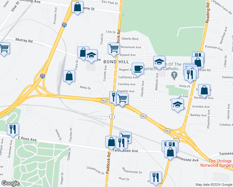 map of restaurants, bars, coffee shops, grocery stores, and more near 1220 Yarmouth Avenue in Cincinnati
