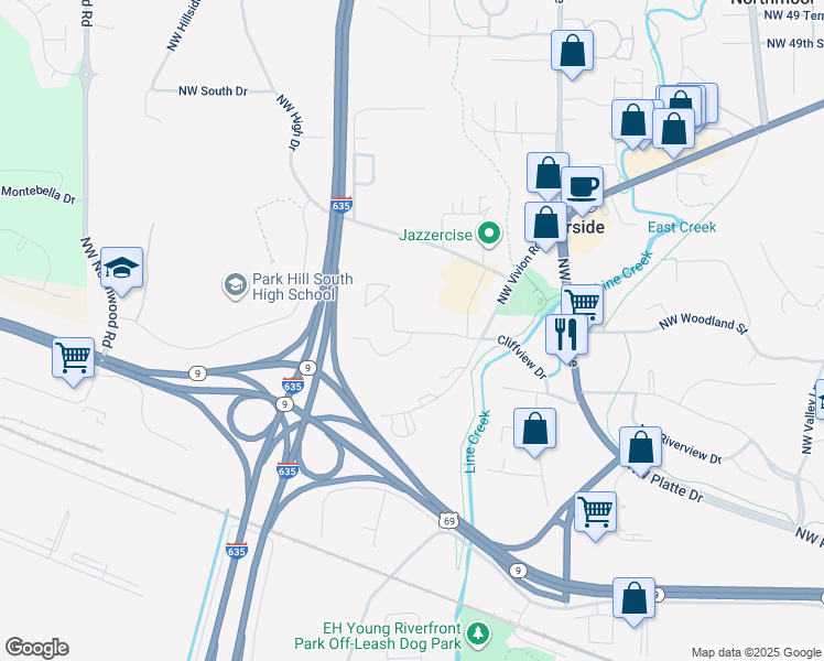 map of restaurants, bars, coffee shops, grocery stores, and more near 3000 Northwest Vivion Road in Riverside