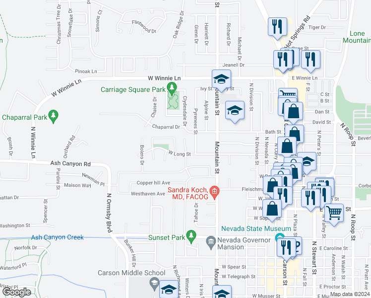map of restaurants, bars, coffee shops, grocery stores, and more near 1620 La Mirada Street in Carson City