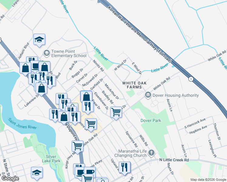 map of restaurants, bars, coffee shops, grocery stores, and more near 305 Macarthur Drive in Dover