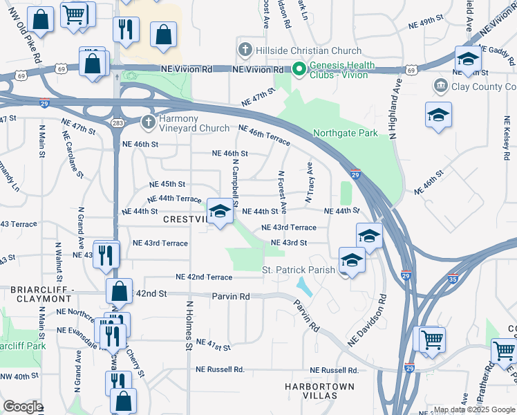 map of restaurants, bars, coffee shops, grocery stores, and more near 1004 Northeast 44th Street in Kansas City