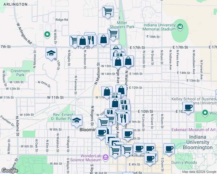 map of restaurants, bars, coffee shops, grocery stores, and more near 710 North Morton Street in Bloomington