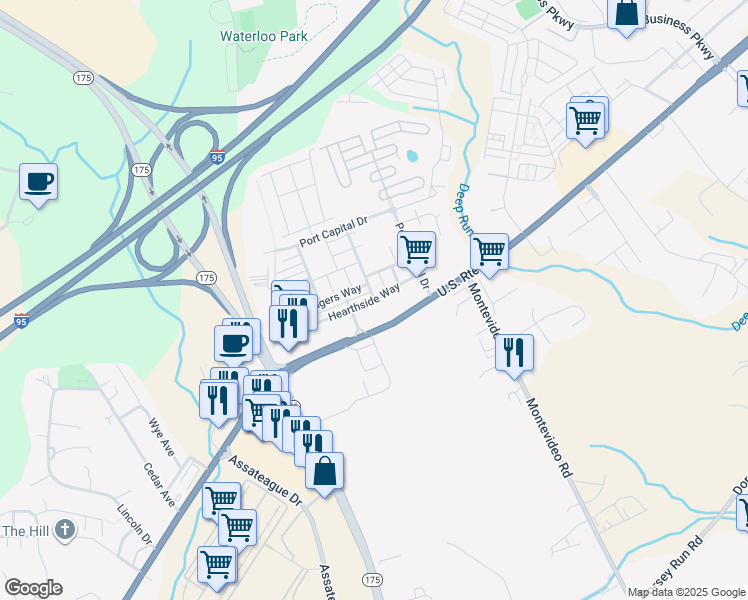 map of restaurants, bars, coffee shops, grocery stores, and more near 7600 Hearthside Way in Elkridge