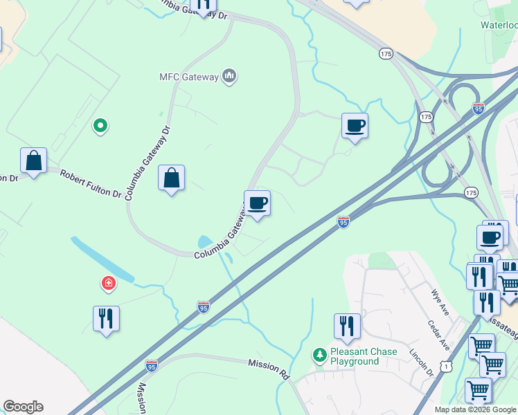 map of restaurants, bars, coffee shops, grocery stores, and more near 7021 Columbia Gateway Drive in Columbia