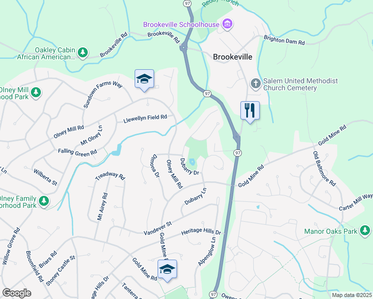 map of restaurants, bars, coffee shops, grocery stores, and more near 19405 Dubarry Drive in Brookeville