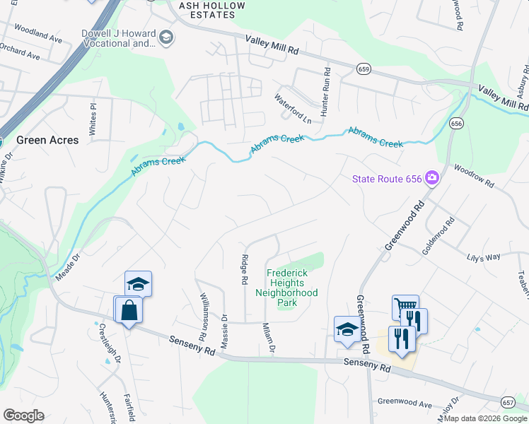 map of restaurants, bars, coffee shops, grocery stores, and more near 217 Ridge Road in Winchester