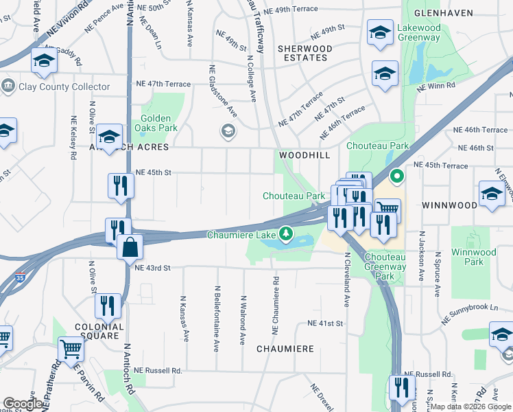 map of restaurants, bars, coffee shops, grocery stores, and more near 4400 North Indiana Avenue in Kansas City