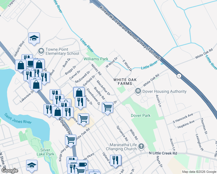 map of restaurants, bars, coffee shops, grocery stores, and more near 320 Nimitz Road in Dover