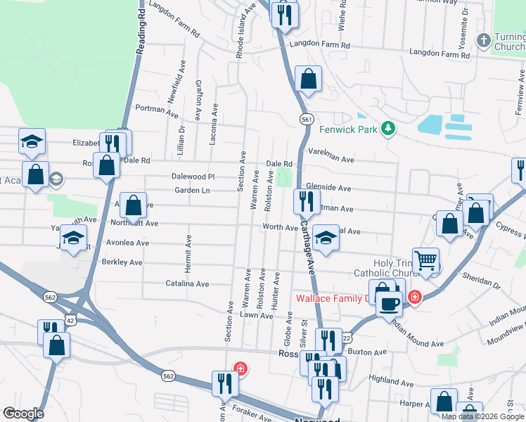 map of restaurants, bars, coffee shops, grocery stores, and more near 5403 Rolston Avenue in Cincinnati