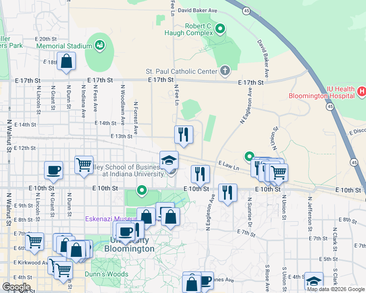map of restaurants, bars, coffee shops, grocery stores, and more near in Bloomington