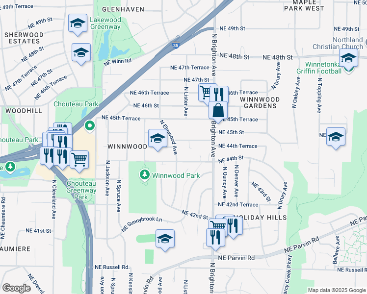 map of restaurants, bars, coffee shops, grocery stores, and more near 4608 Northeast 44th Street in Kansas City