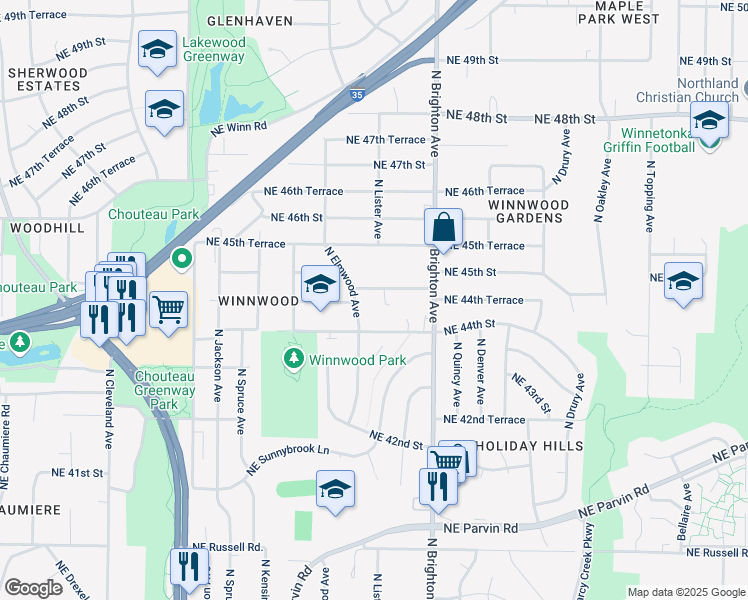 map of restaurants, bars, coffee shops, grocery stores, and more near 4608 Northeast 44th Street in Kansas City