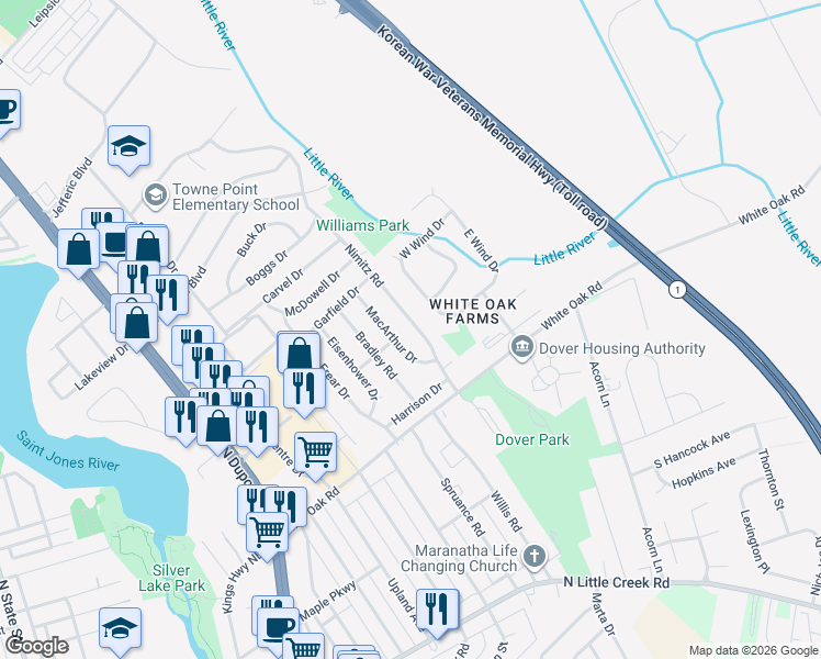map of restaurants, bars, coffee shops, grocery stores, and more near 320 Nimitz Road in Dover
