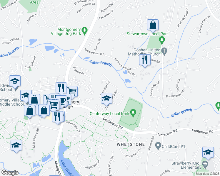 map of restaurants, bars, coffee shops, grocery stores, and more near 9633 Marston Lane in Montgomery Village