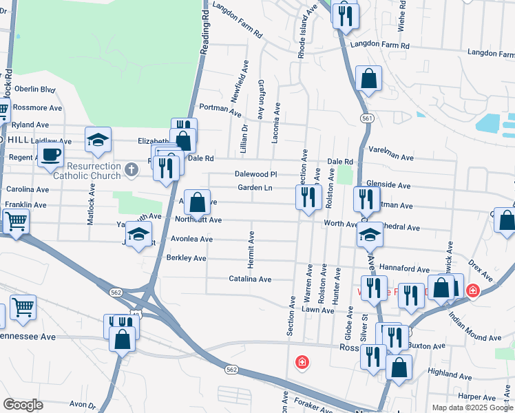 map of restaurants, bars, coffee shops, grocery stores, and more near 1907 Andina Avenue in Cincinnati