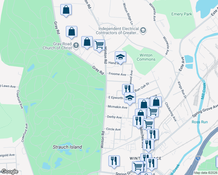 map of restaurants, bars, coffee shops, grocery stores, and more near 4642 Winton Road in Cincinnati