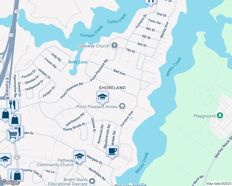map of restaurants, bars, coffee shops, grocery stores, and more near 1023A Shoreland Drive in Glen Burnie