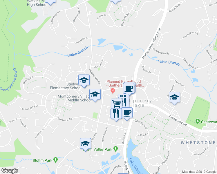 map of restaurants, bars, coffee shops, grocery stores, and more near 10246 Ridgeline Drive in Montgomery Village