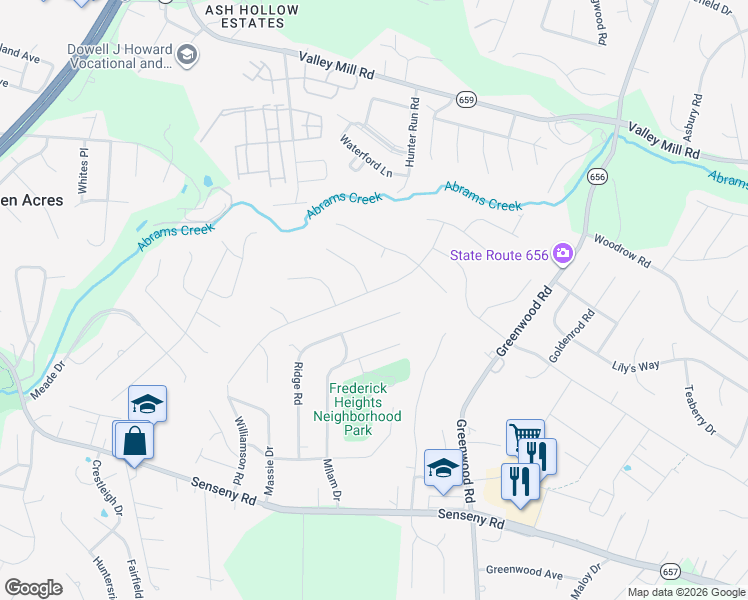 map of restaurants, bars, coffee shops, grocery stores, and more near 311 Ridge Road in Winchester