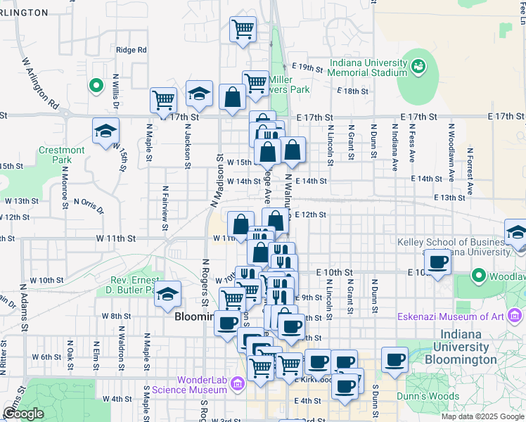 map of restaurants, bars, coffee shops, grocery stores, and more near 717 North College Avenue in Bloomington
