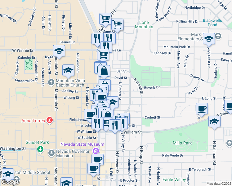 map of restaurants, bars, coffee shops, grocery stores, and more near 213 East Lee Street in Carson City