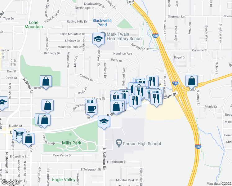 map of restaurants, bars, coffee shops, grocery stores, and more near 1507 Rand Ave in Carson City