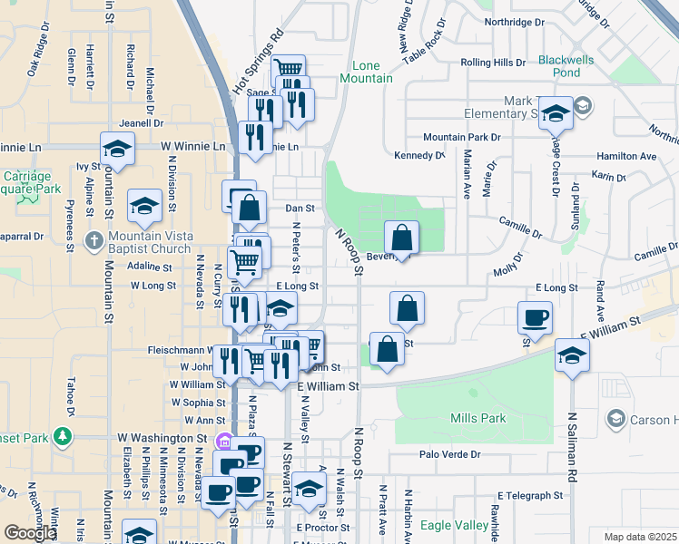 map of restaurants, bars, coffee shops, grocery stores, and more near 425 East Long Street in Carson City