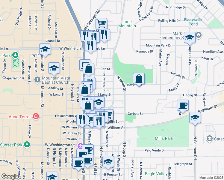 map of restaurants, bars, coffee shops, grocery stores, and more near 1516 North Stewart Street in Carson City