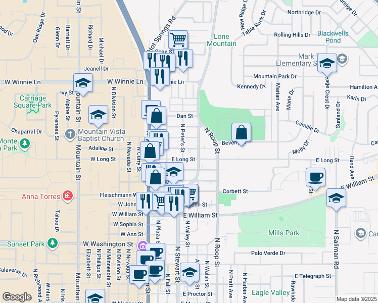 map of restaurants, bars, coffee shops, grocery stores, and more near 1516 North Stewart Street in Carson City