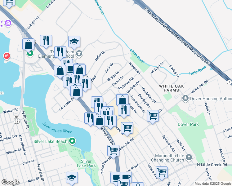 map of restaurants, bars, coffee shops, grocery stores, and more near 820 Carvel Drive in Dover