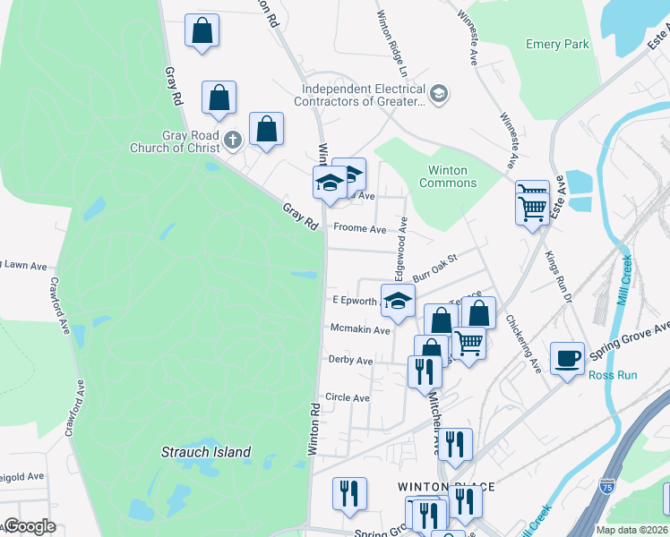 map of restaurants, bars, coffee shops, grocery stores, and more near 4642 Winton Road in Cincinnati