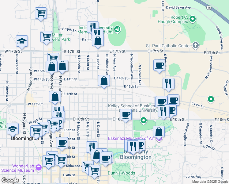 map of restaurants, bars, coffee shops, grocery stores, and more near 829 North Fess Avenue in Bloomington
