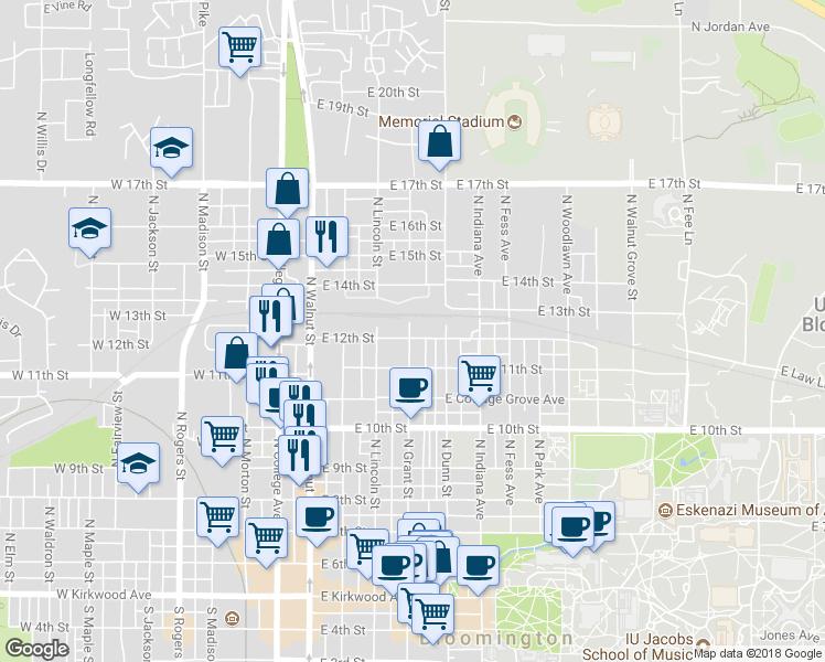 map of restaurants, bars, coffee shops, grocery stores, and more near 416 East 12th Street in Bloomington