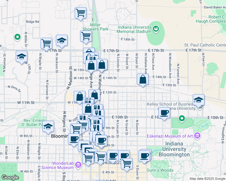 map of restaurants, bars, coffee shops, grocery stores, and more near 810 North Washington Street in Bloomington