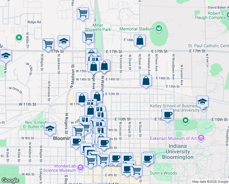 map of restaurants, bars, coffee shops, grocery stores, and more near 810 North Washington Street in Bloomington