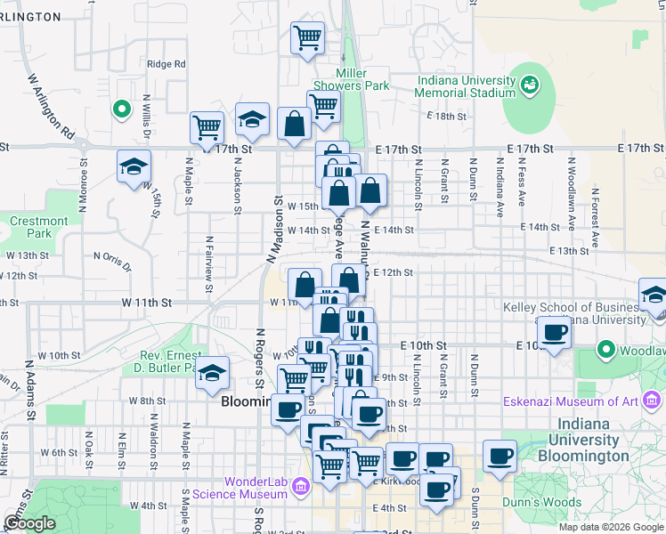 map of restaurants, bars, coffee shops, grocery stores, and more near in Bloomington