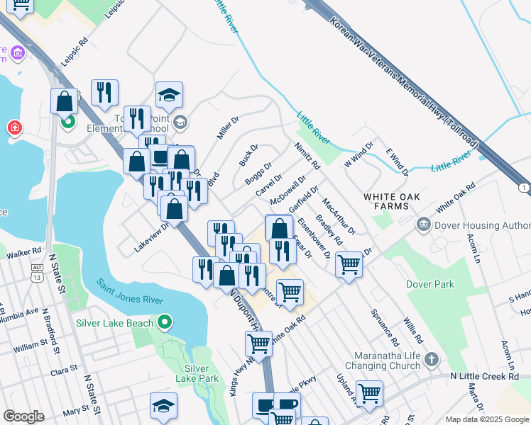 map of restaurants, bars, coffee shops, grocery stores, and more near 820 Carvel Drive in Dover
