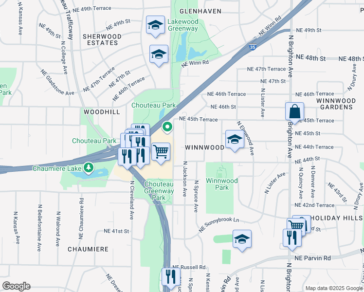 map of restaurants, bars, coffee shops, grocery stores, and more near 4432 North Jackson Avenue in Kansas City