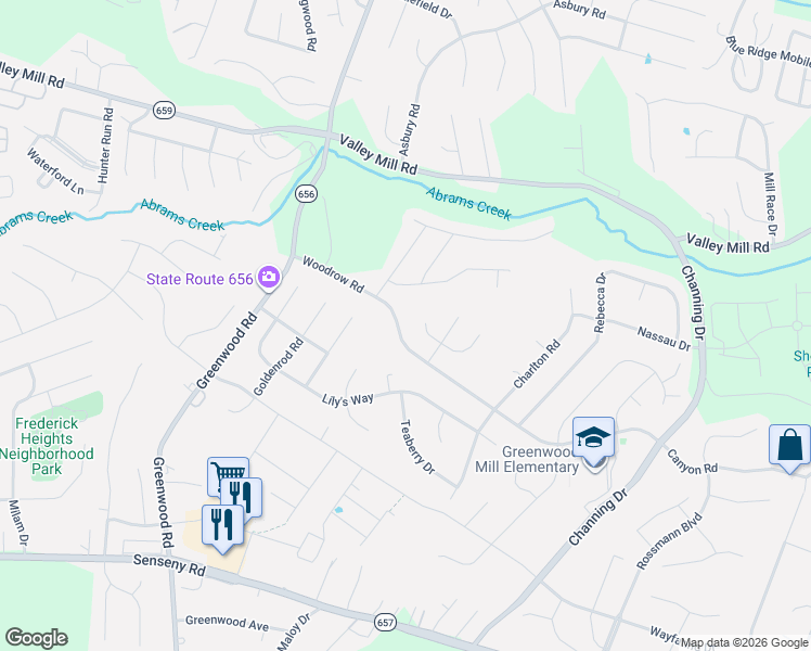 map of restaurants, bars, coffee shops, grocery stores, and more near 139 Woodrow Road in Winchester